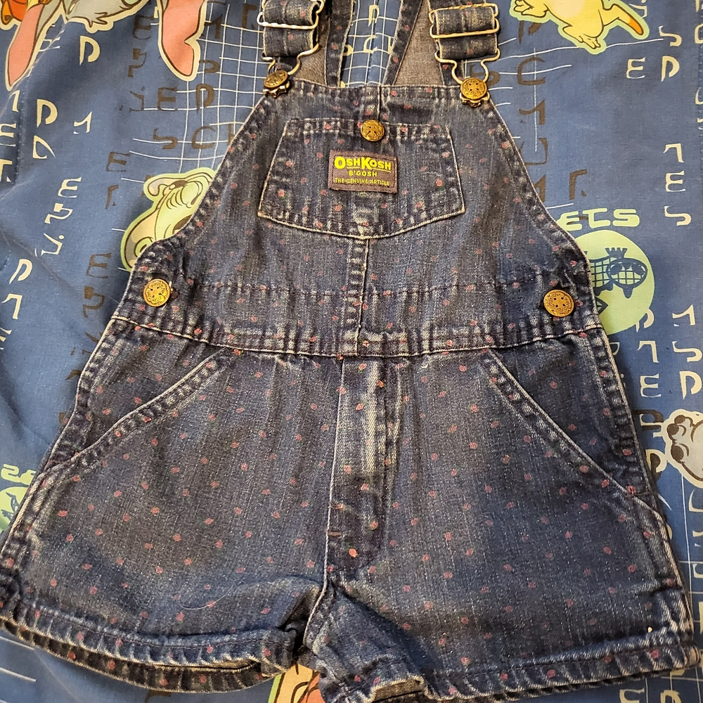 VINTAGE shKoshB'gosh Navy Blue Pink Polka Dot Denim Short Overalls - Kids Size 4